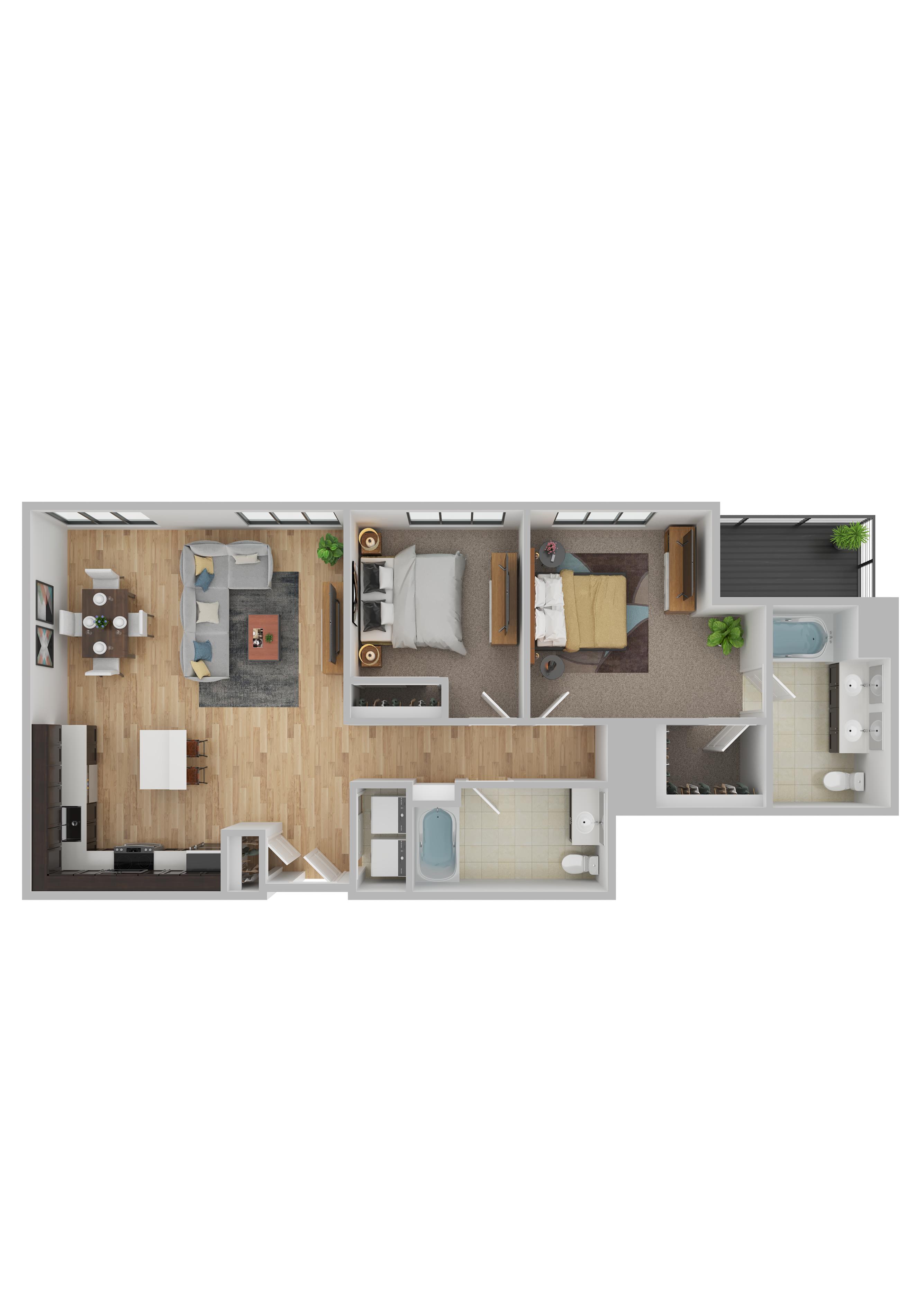 Floor plan for 2 beds, 2 baths, 1036 sqft